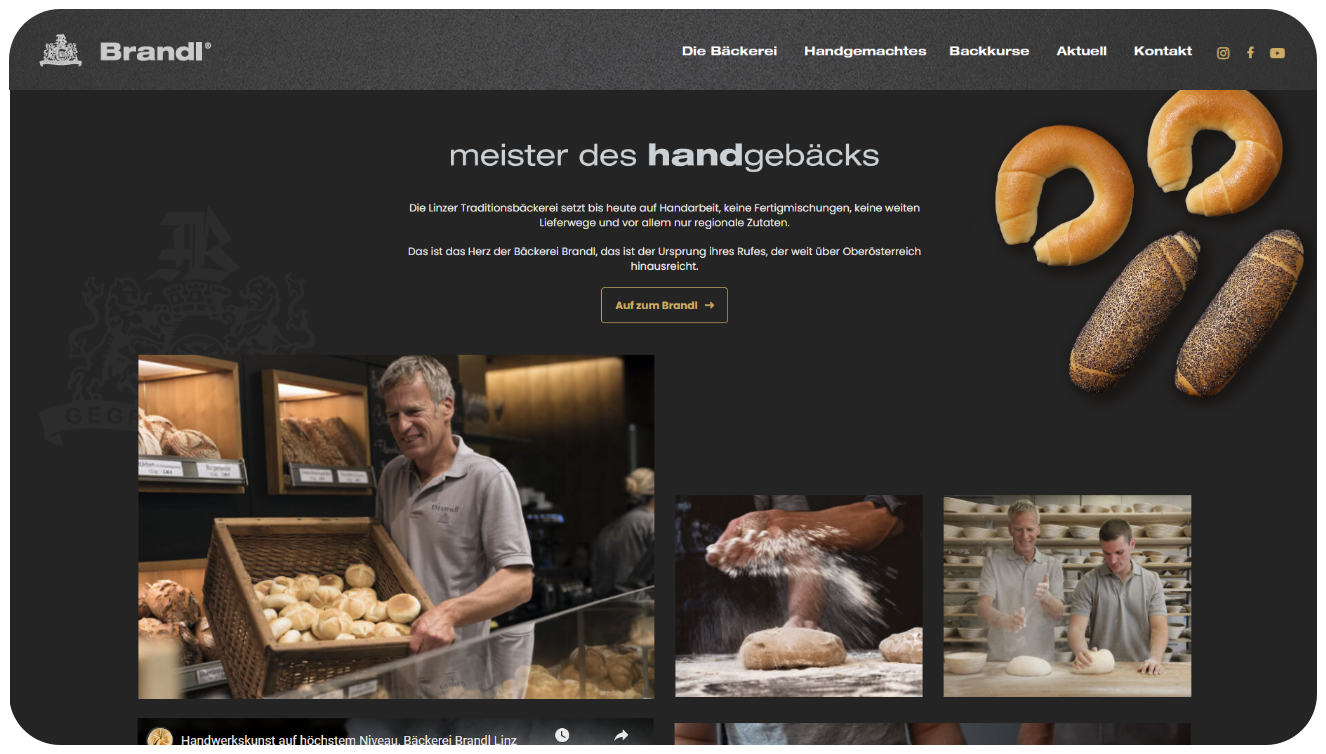 Bäckerei Brandl Screenshot, verschiedene Bilder von Menschen die Brot backen