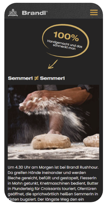 Bäckerei Brandl Mobile Screenshot, ein Bild mit Hände die Mehl streuen